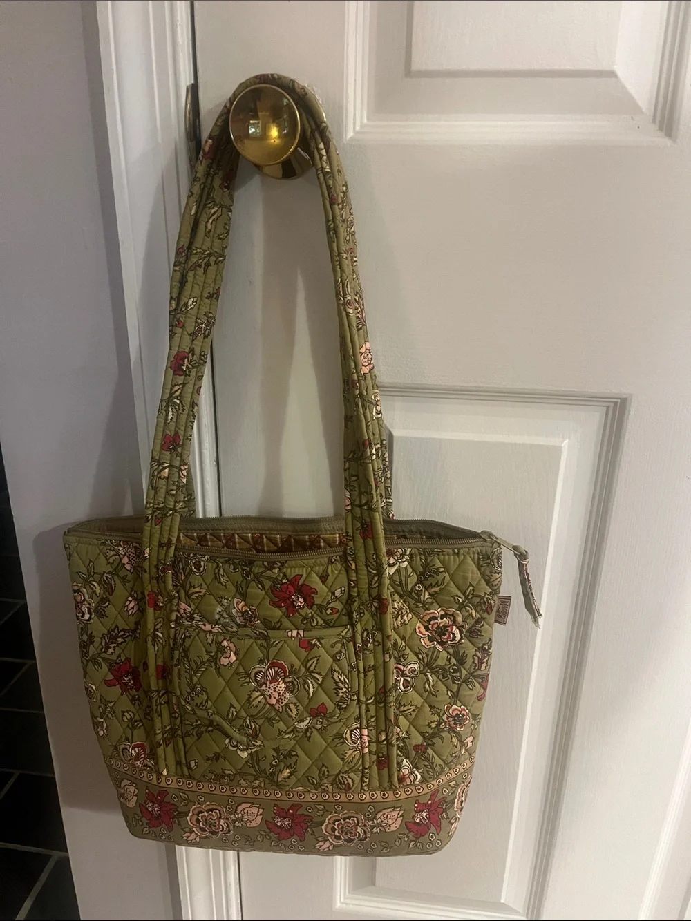 Quilted Floral Tote in Olive Green with Red Accents